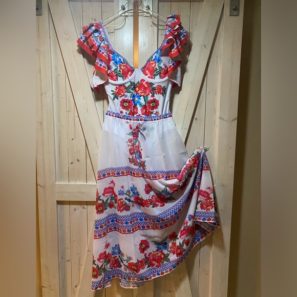 Boho Blanca resort onepiece swimsuit & maxi cover-up skirt white red blue floral - Picture 4 of 16